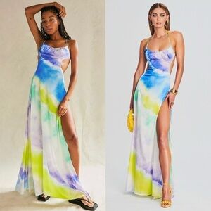 NWT RETROFETE Silk Watercolor Sleeveless Open Back Side Cutout Maxi Slip Gown XS